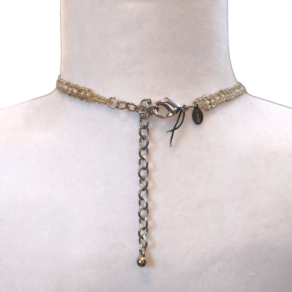 Chico's Beaded Fringe Beige Gold Large Bib Statement Necklace Fashion Jewelry - Picture 7 of 7